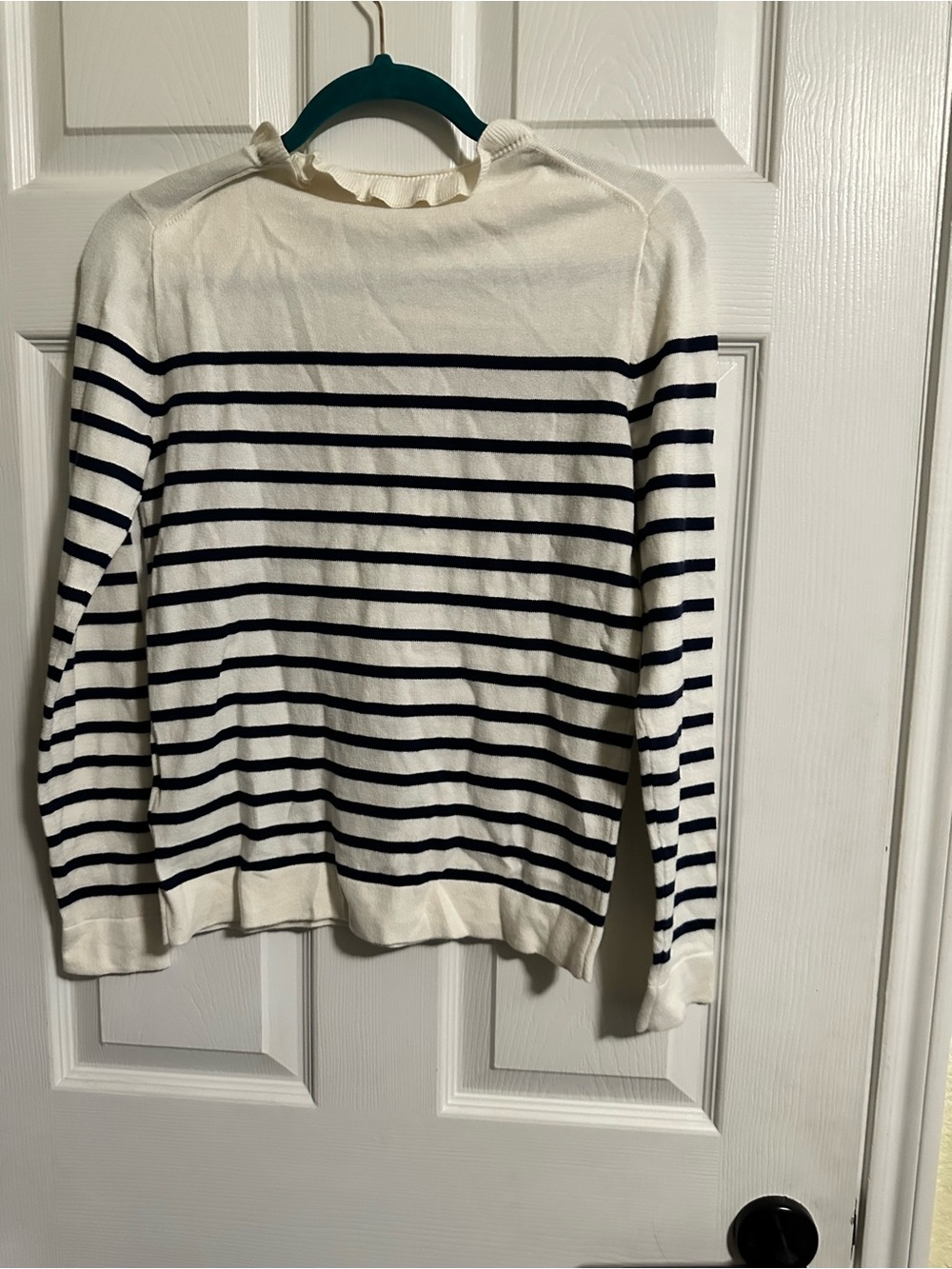 J. Crew Cream and Navy Striped Ruffleneck Sweater NWT XS - Picture 6 of 8